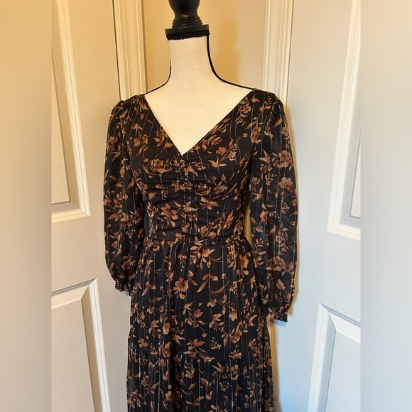Floral Black and Brown Midi peasant long sleeve v neck Dress - Picture 3 of 8